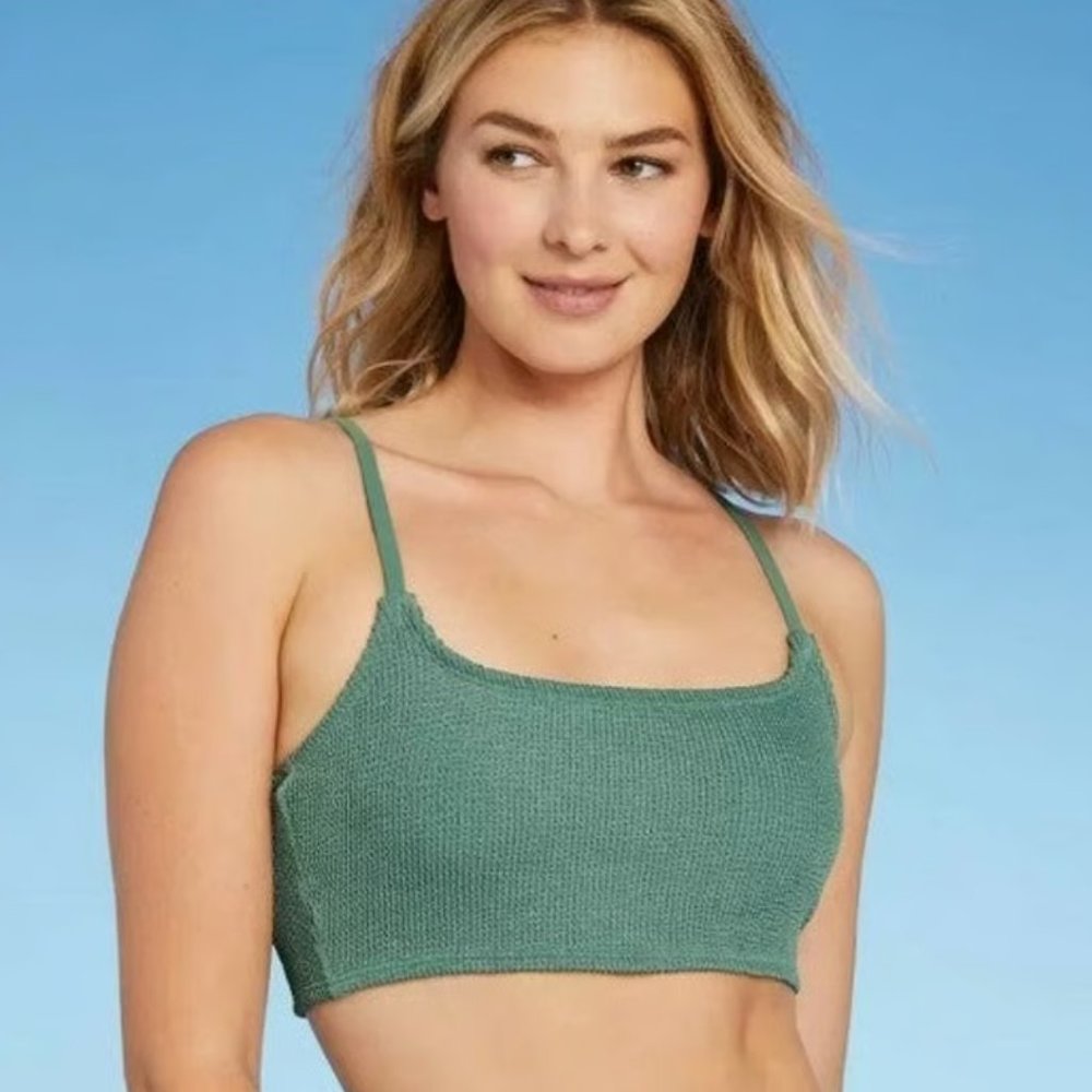 New! Kona Sol Textured Moss Green Square Neck Bikini Top